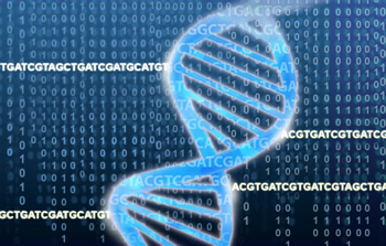 DNA double helix with data in the background