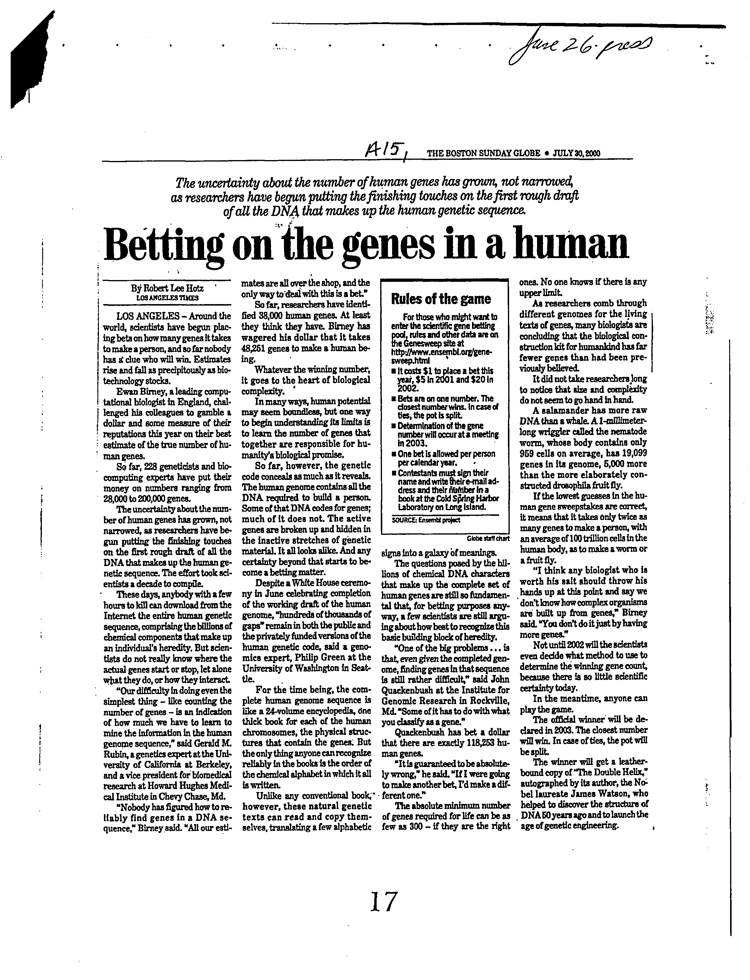 Boston Globe article titled: "Betting on the genes in a human"