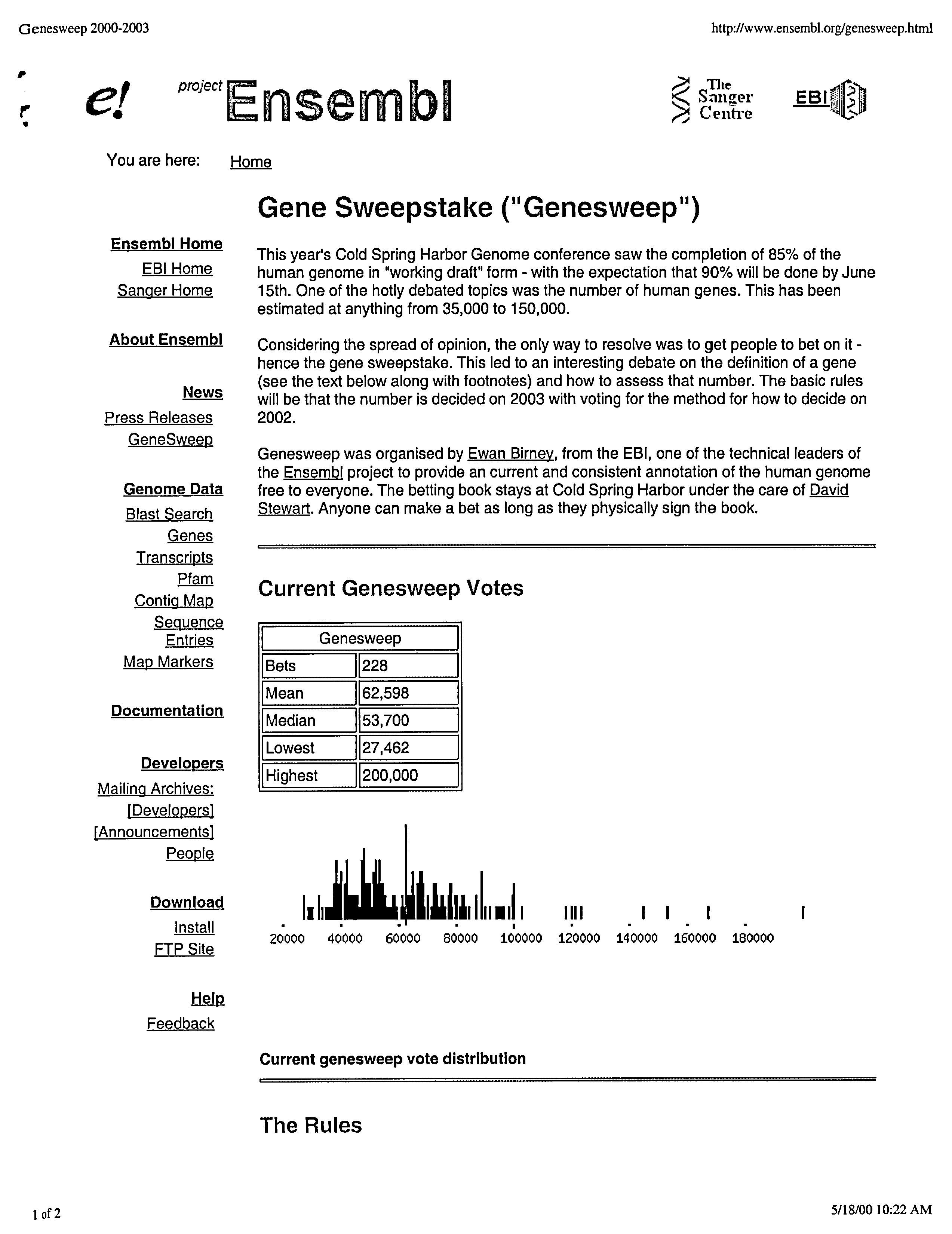 Screenshot of Ensembl webpage circa May 2000