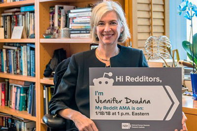 Jennifer Doudna holds a sign